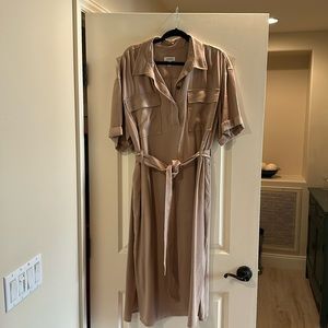 Midi length Nordstrom’s tan dress, large, sides seem pockets and belt